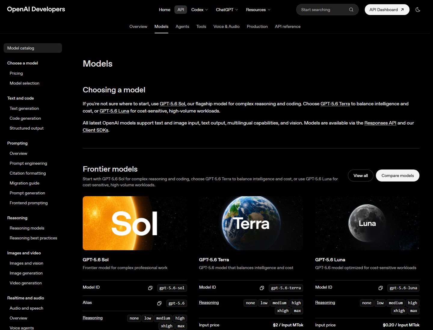 Le catalogue officiel des modèles OpenAI : GPT-5.6 Sol, Terra et Luna