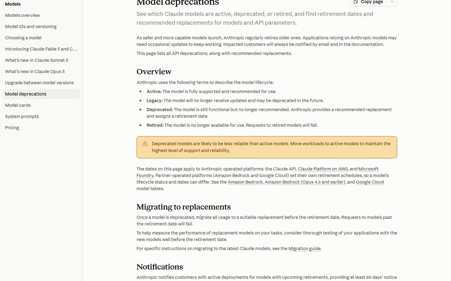 Page officielle des dépréciations de modèles Claude