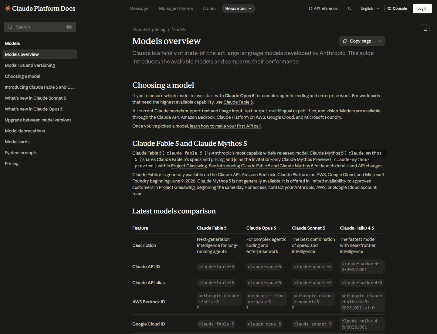 La page Models overview de Claude Platform Docs : Fable 5, Opus 5, Sonnet 5, Haiku 4.5 avec leurs identifiants API