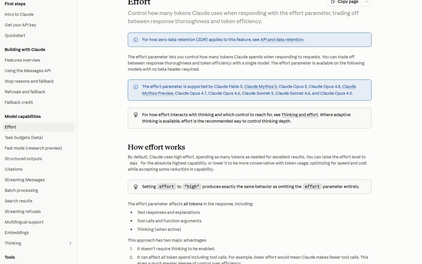 Documentation officielle du paramètre effort de l'API Claude