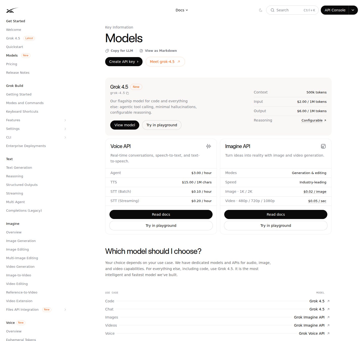 La fiche officielle de Grok 4.5 : contexte 500k, prix et raisonnement configurable