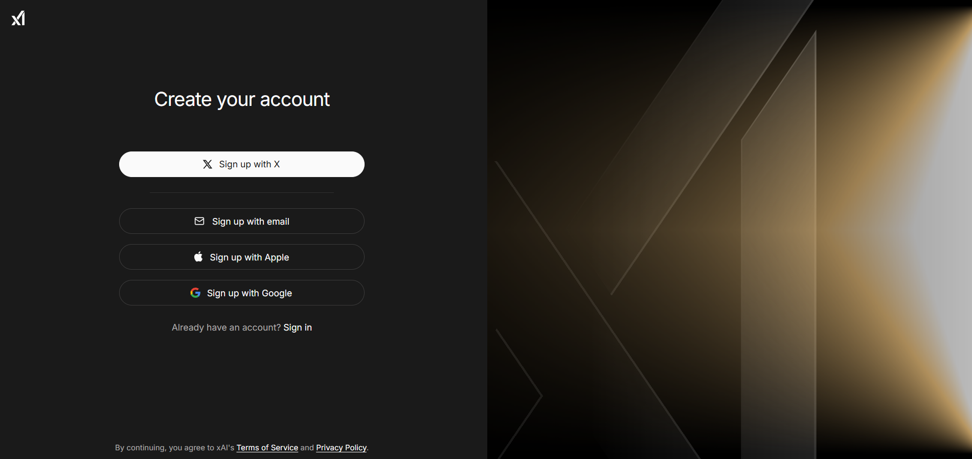 Page de creation de compte xAI