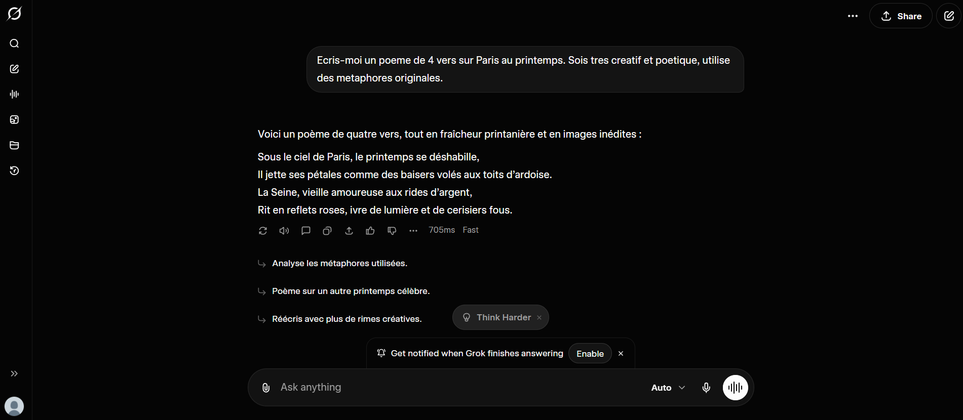 Reponse creative de Grok avec temperature elevee