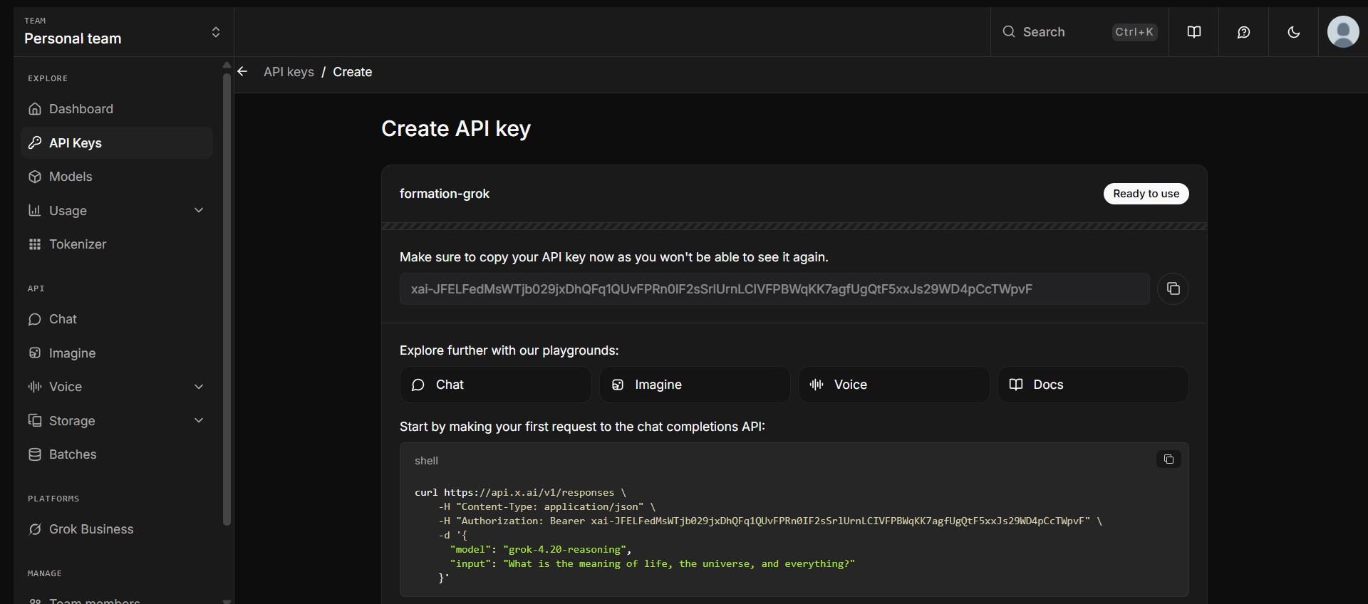 Clé API créée dans la console xAI