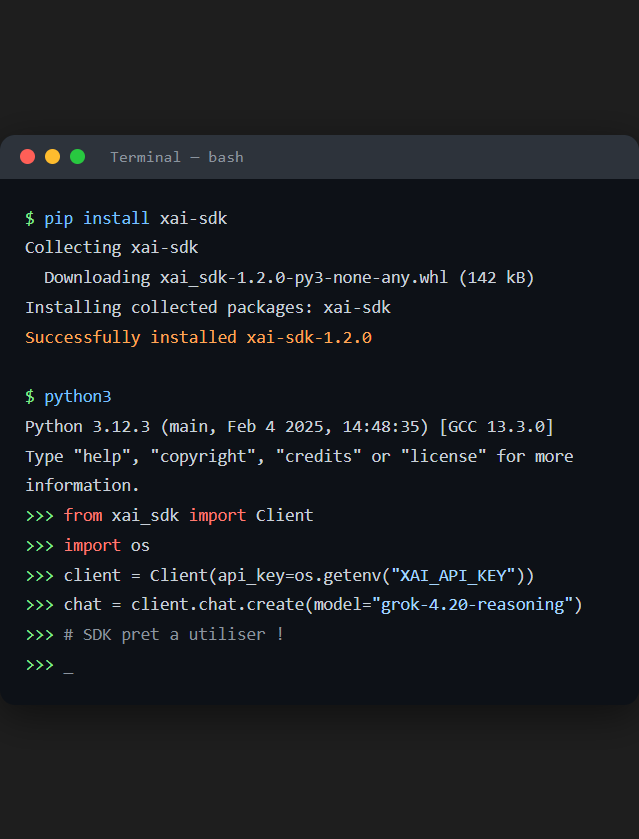 SDK Python xAI dans le terminal