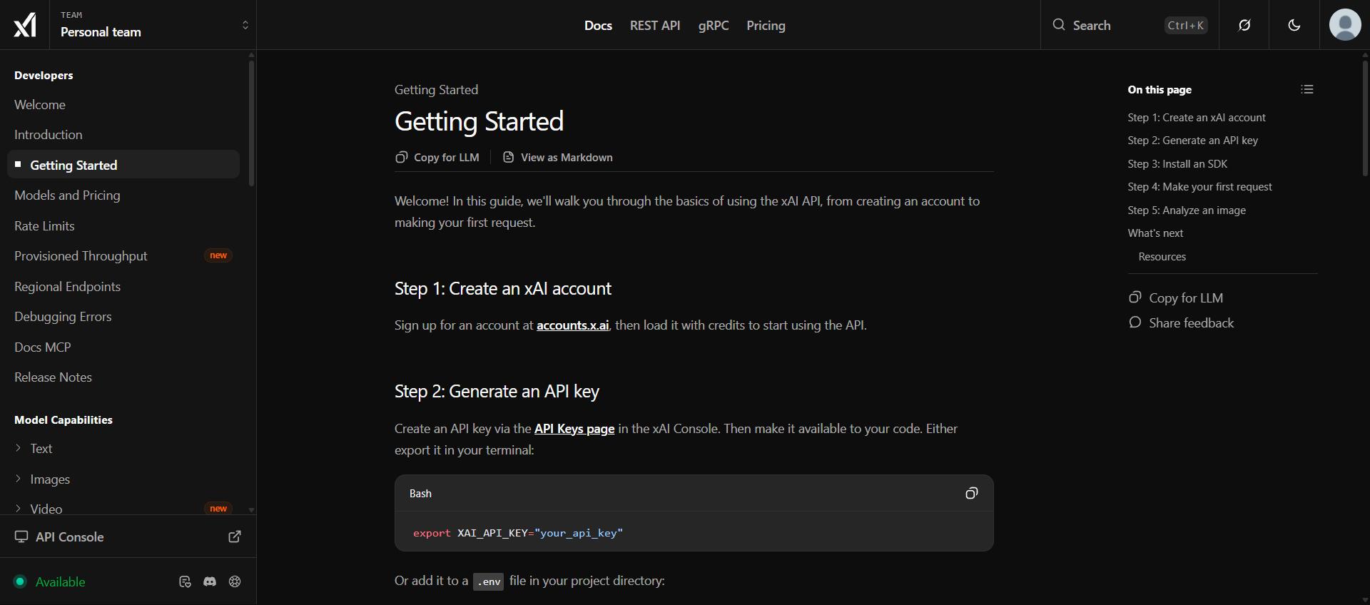 Guide Getting Started de la documentation xAI