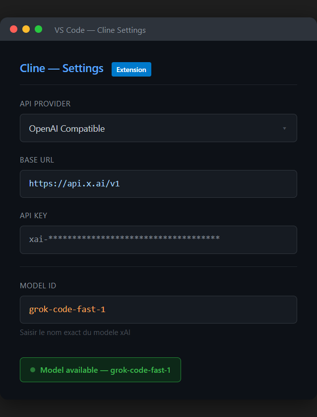 Configuration de Grok dans Cline
