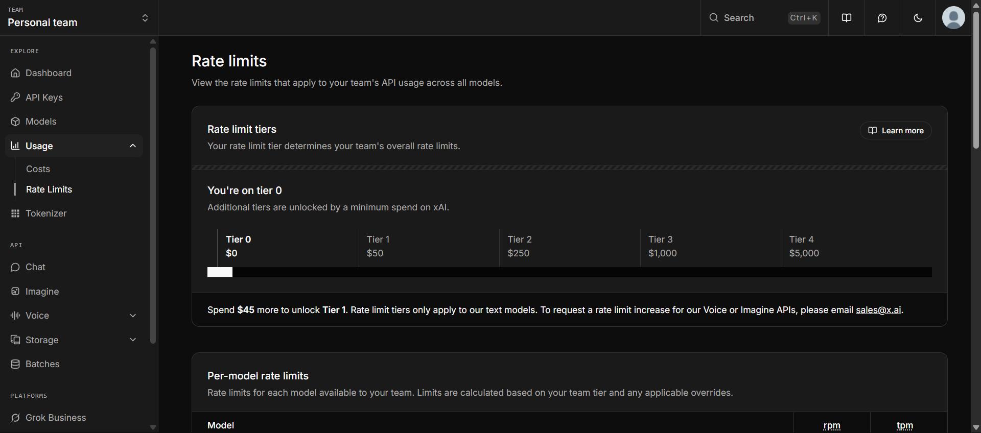 Rate limits dans la console xAI