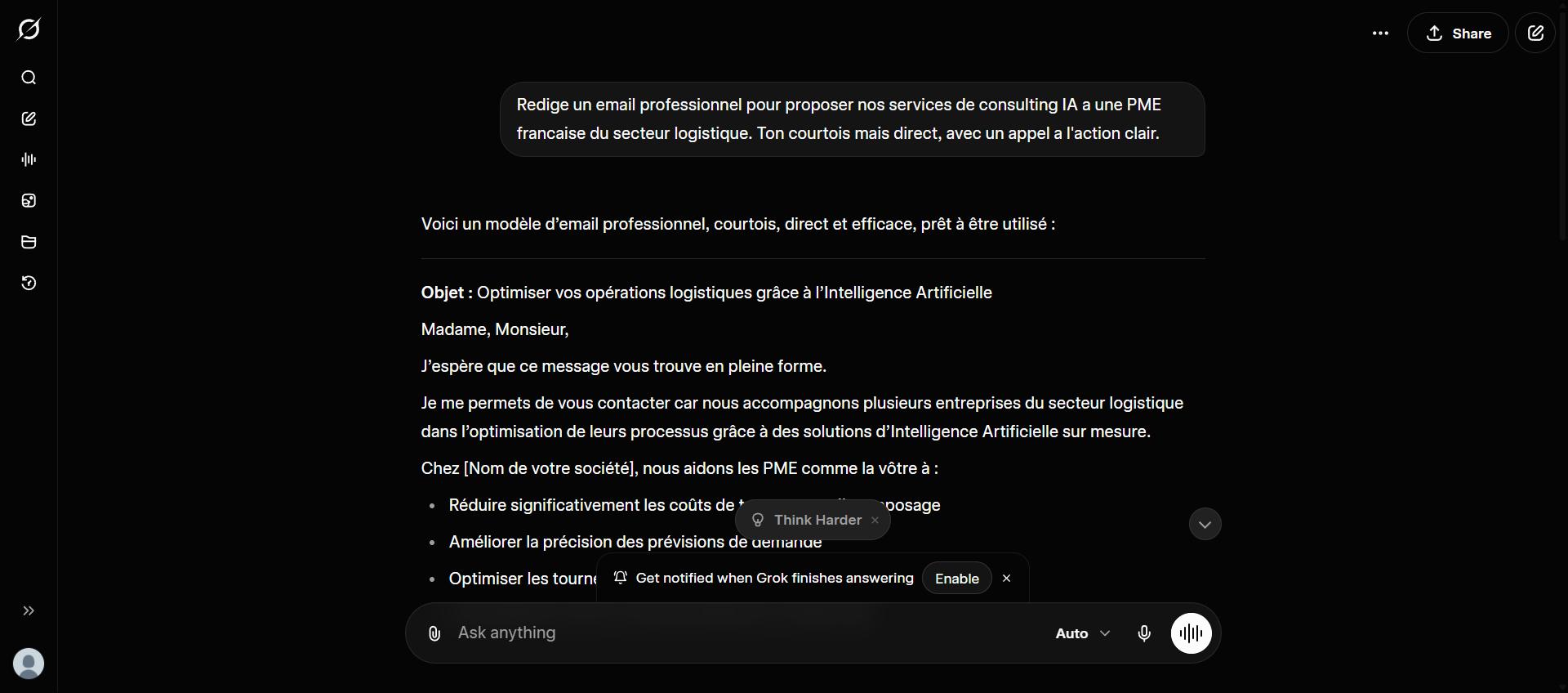 Grok rédige un email professionnel pour une PME